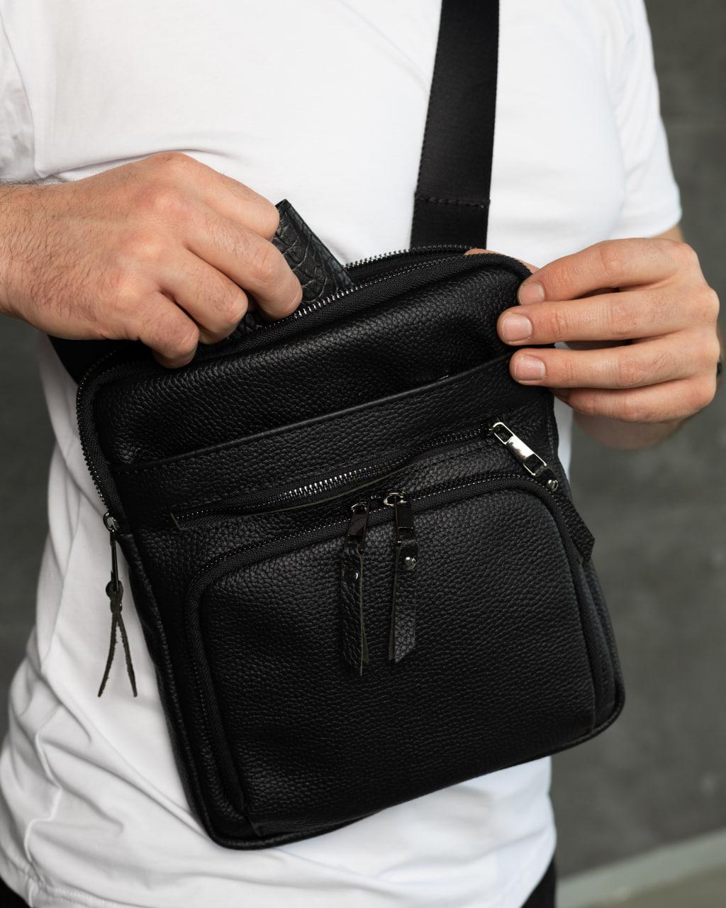 Mens handmade leather crossbody bag black messenger gift for him