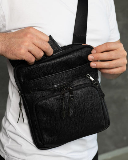 Mens handmade leather crossbody bag black messenger gift for him