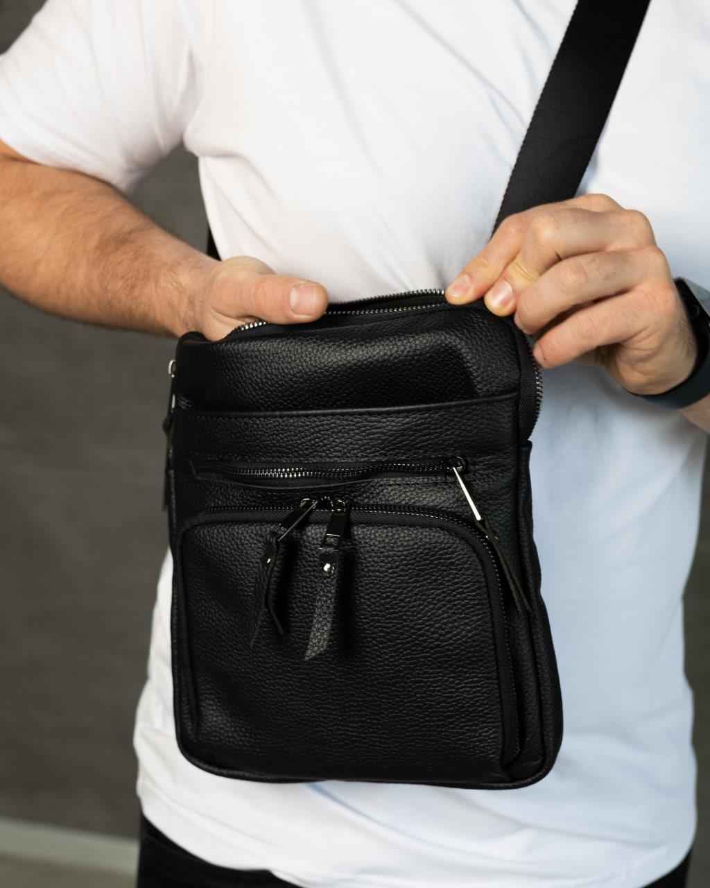 Mens handmade leather crossbody bag black messenger gift for him