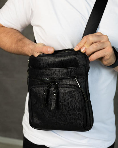 Mens handmade leather crossbody bag black messenger gift for him