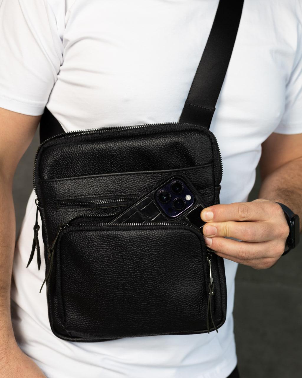 Mens handmade leather crossbody bag black messenger gift for him