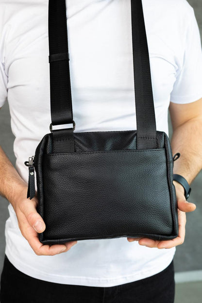 Handmade Mens Leather Crossbody Bag Black Gift for Him