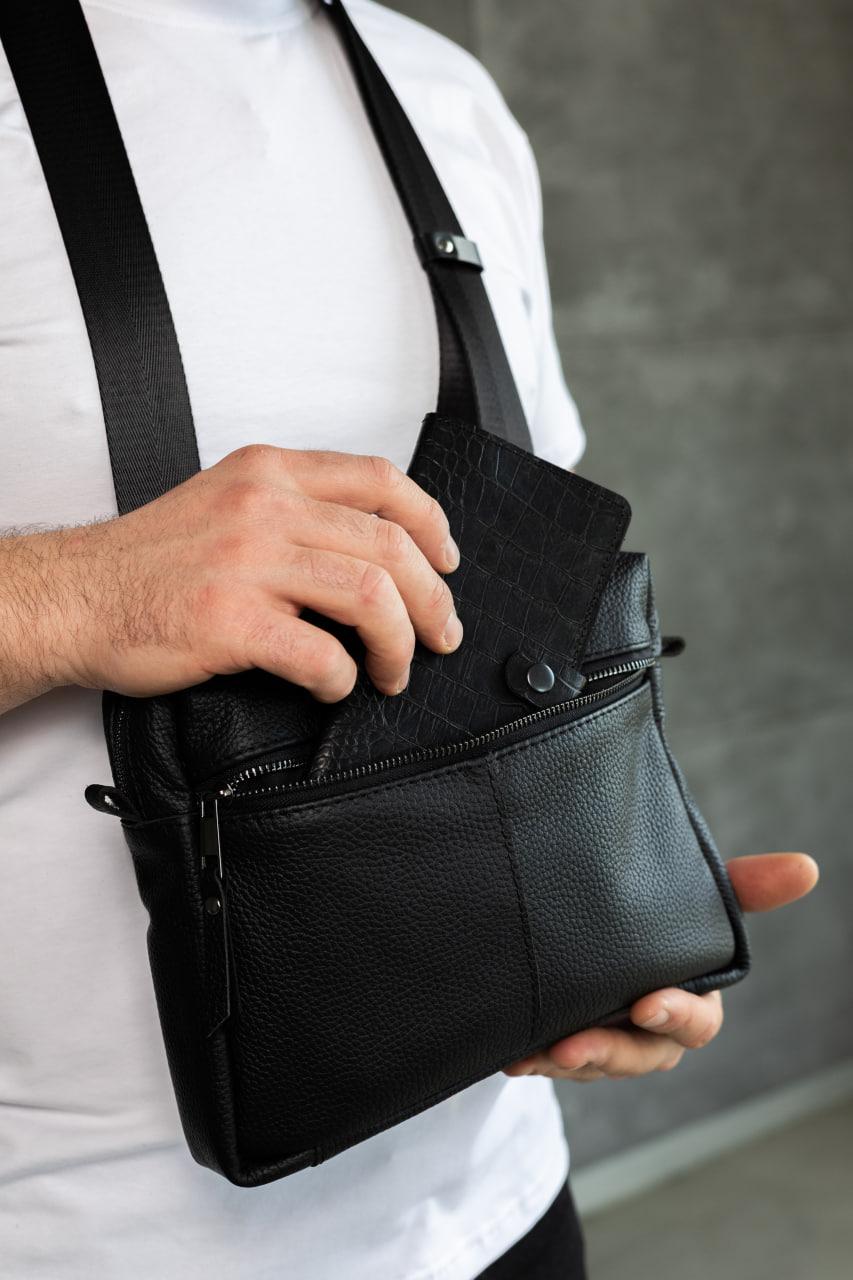 Handmade Mens Leather Crossbody Bag Black Gift for Him
