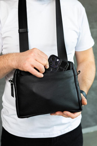 Handmade Mens Leather Crossbody Bag Black Gift for Him