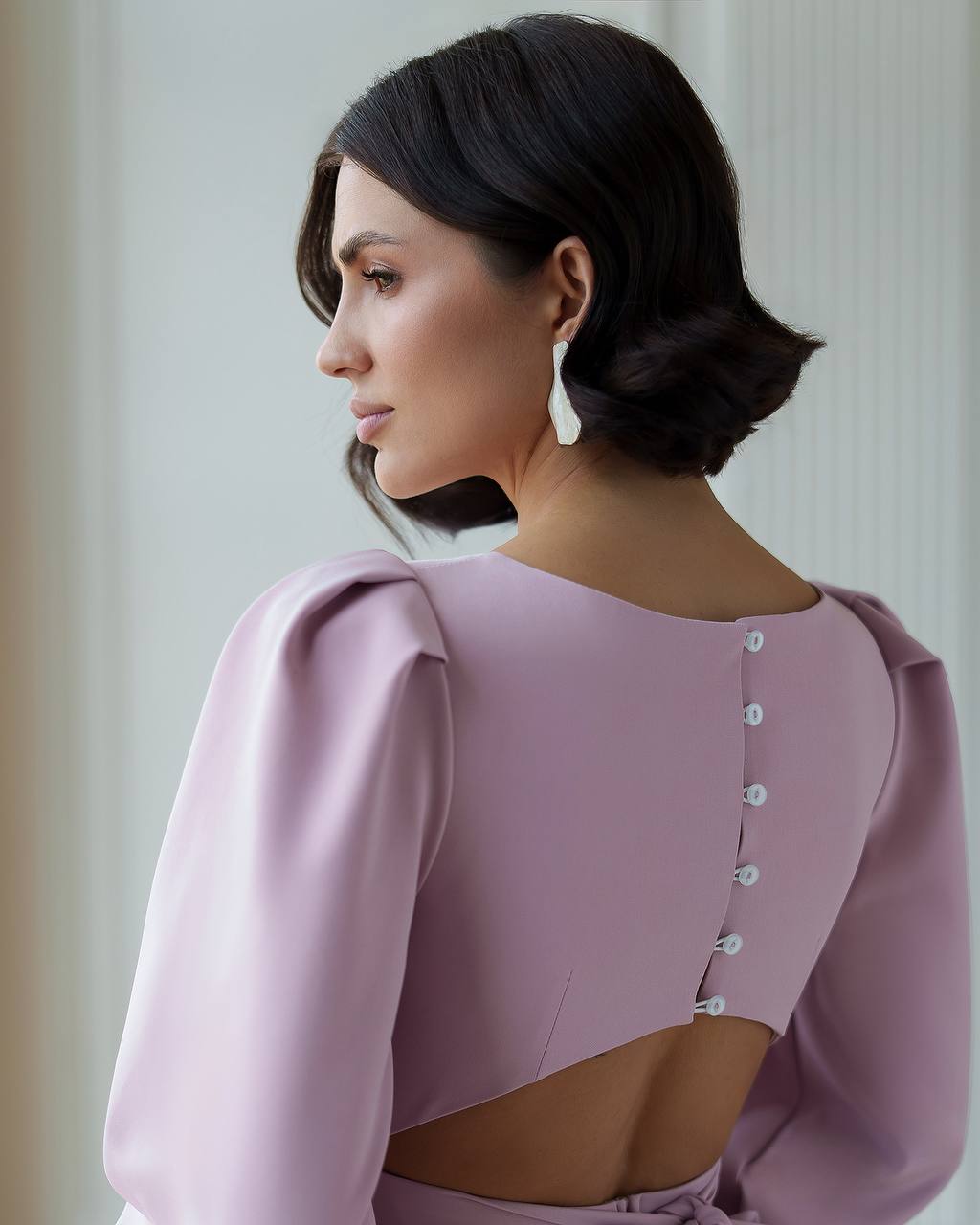 Elegant Midi Dress in Premium Diagonal Suiting Crepe with Puff Sleeves and Back Cutout