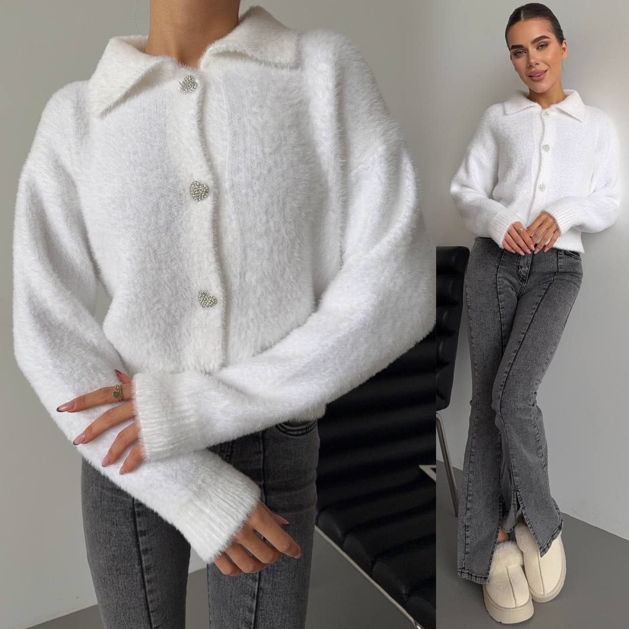 White cardigan worn by a person with a neutral background