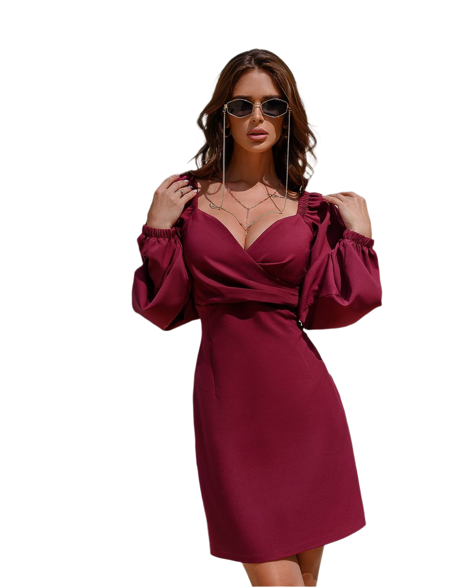 Elegant Burgundy Mini Dress with Puff Sleeves