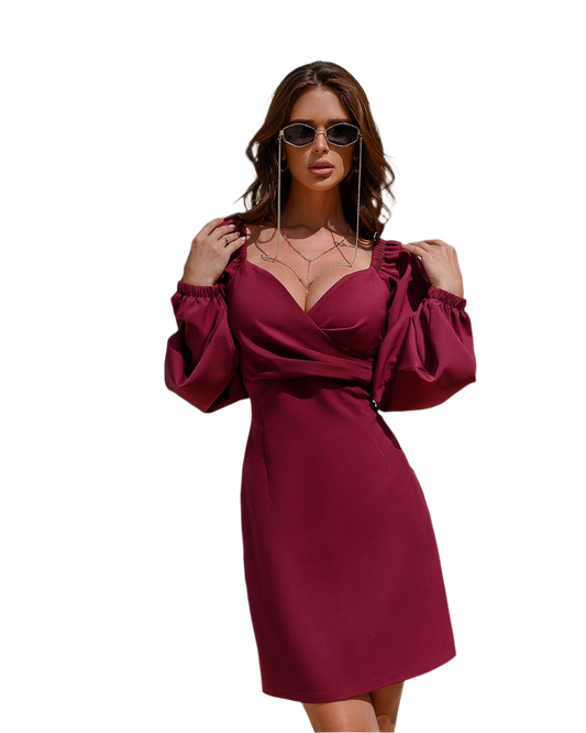Elegant Burgundy Mini Dress with Puff Sleeves