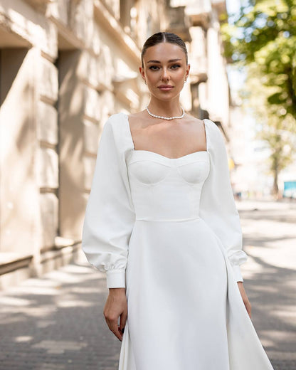 White Midi Dress with Cups and Long Puff Sleeves for Women