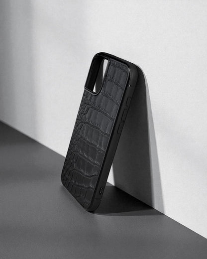 Handmade Black Italian Leather Croc iPhone Case Gift for Him or Her Shockproof