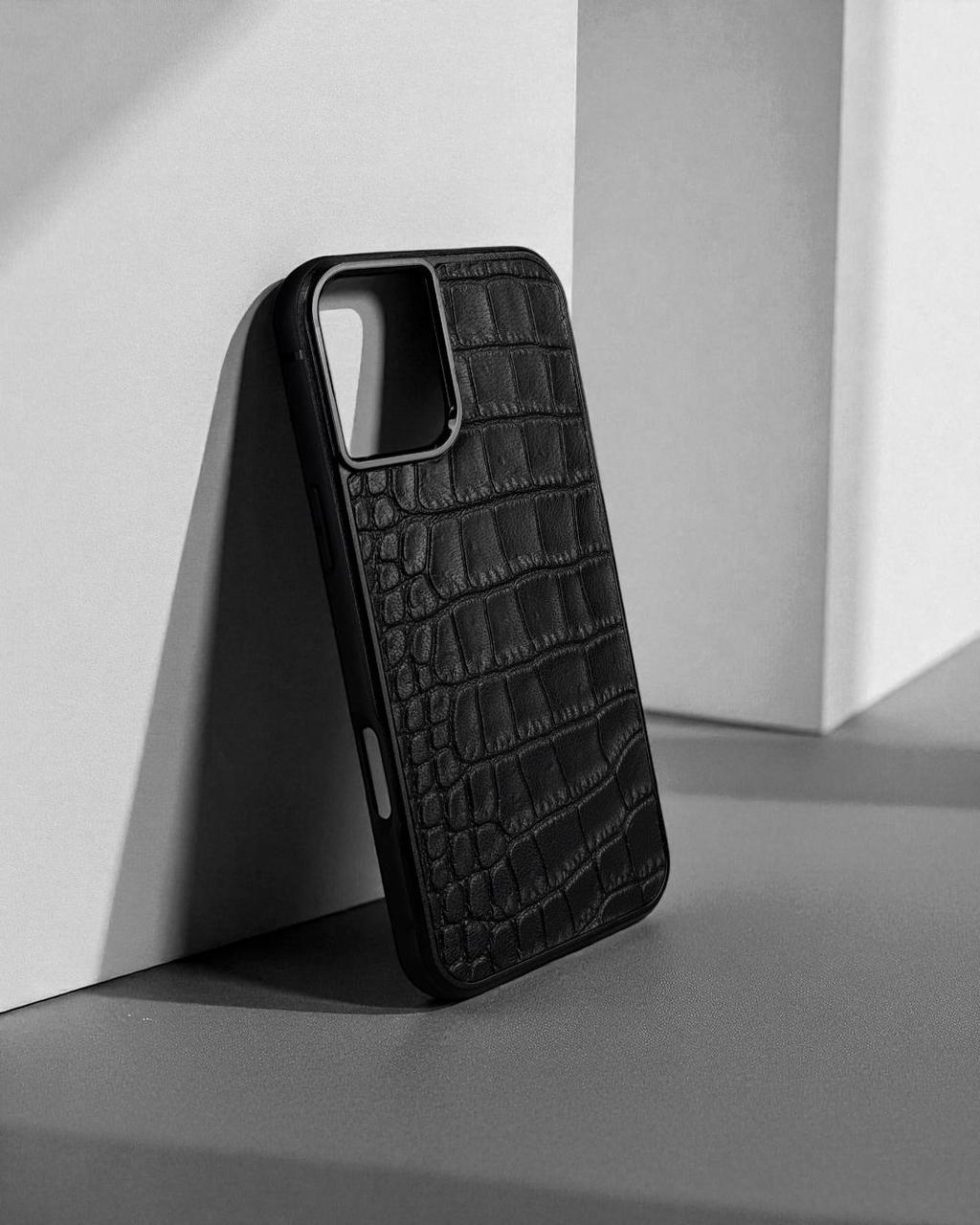 Handmade Black Italian Leather Croc iPhone Case Gift for Him or Her Shockproof