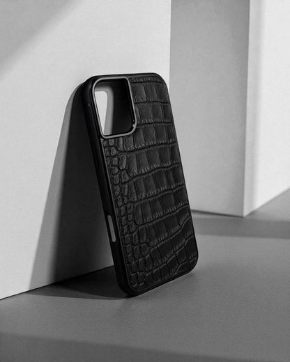 Handmade Black Italian Leather Croc iPhone Case Gift for Him or Her Shockproof