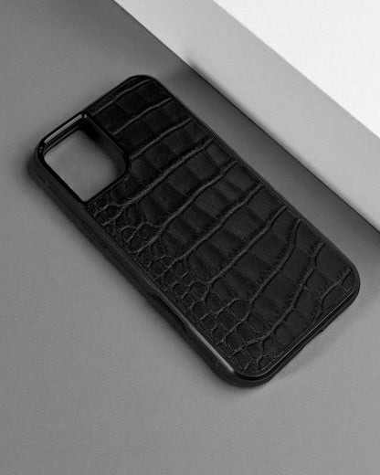 Handmade Black Italian Leather Croc iPhone Case Gift for Him or Her Shockproof