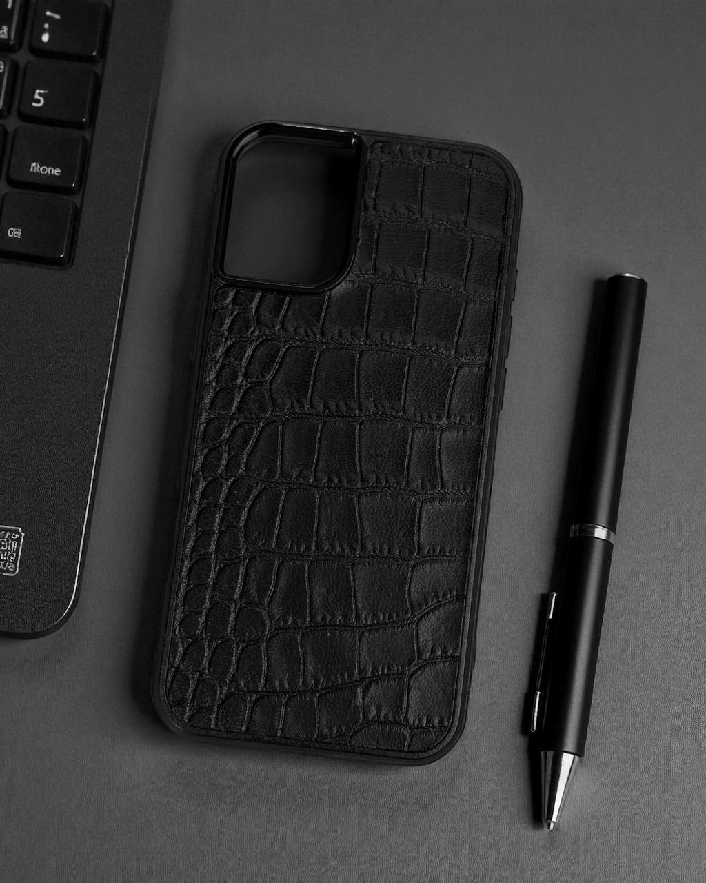 Handmade Black Italian Leather Croc iPhone Case Gift for Him or Her Shockproof