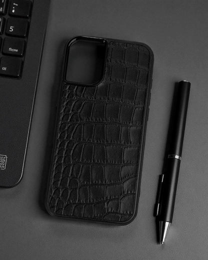 Handmade Black Italian Leather Croc iPhone Case Gift for Him or Her Shockproof