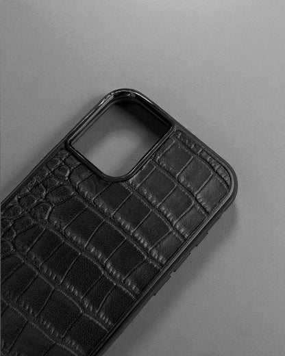 Handmade Black Italian Leather Croc iPhone Case Gift for Him or Her Shockproof