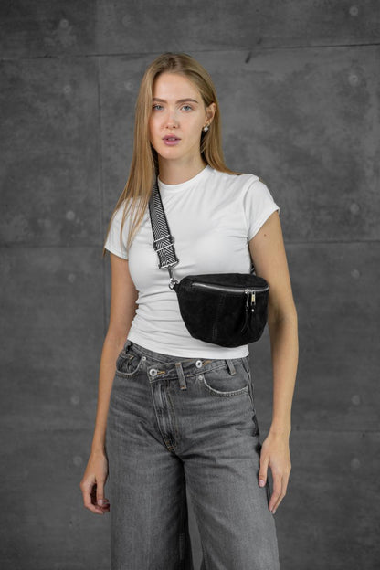 Handmade Womens Suede Fanny Pack Black Gift for Her Stylish Waist Bag