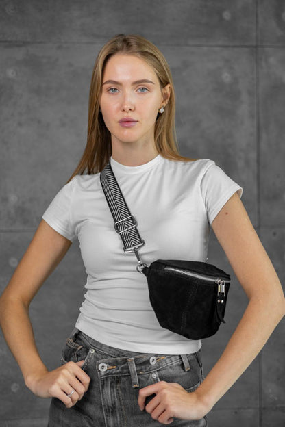Handmade Womens Suede Fanny Pack Black Gift for Her Stylish Waist Bag