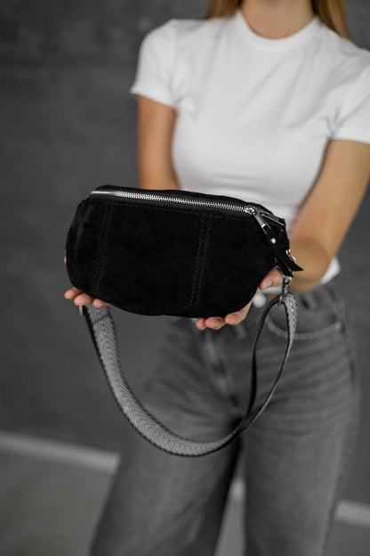Handmade Womens Suede Fanny Pack Black Gift for Her Stylish Waist Bag