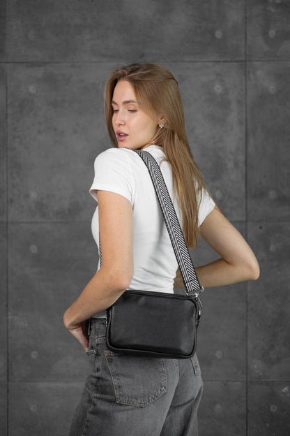 Women Crossbody Bag Genuine Leather Flotar Black Handmade Gift for Her