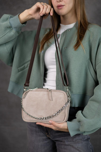 Handmade Womens Natural Suede Crossbody Bag Beige Gift for Her