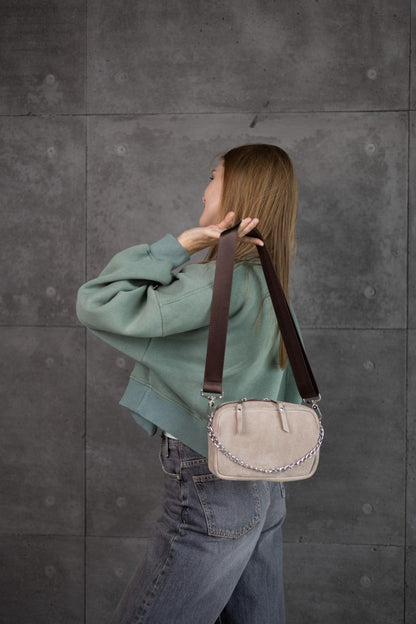 Handmade Womens Natural Suede Crossbody Bag Beige Gift for Her