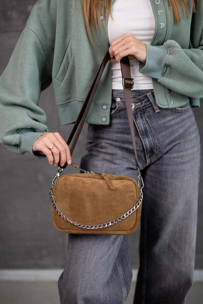 Handmade Womens Suede Crossbody Bag Cappuccino Gift for Her
