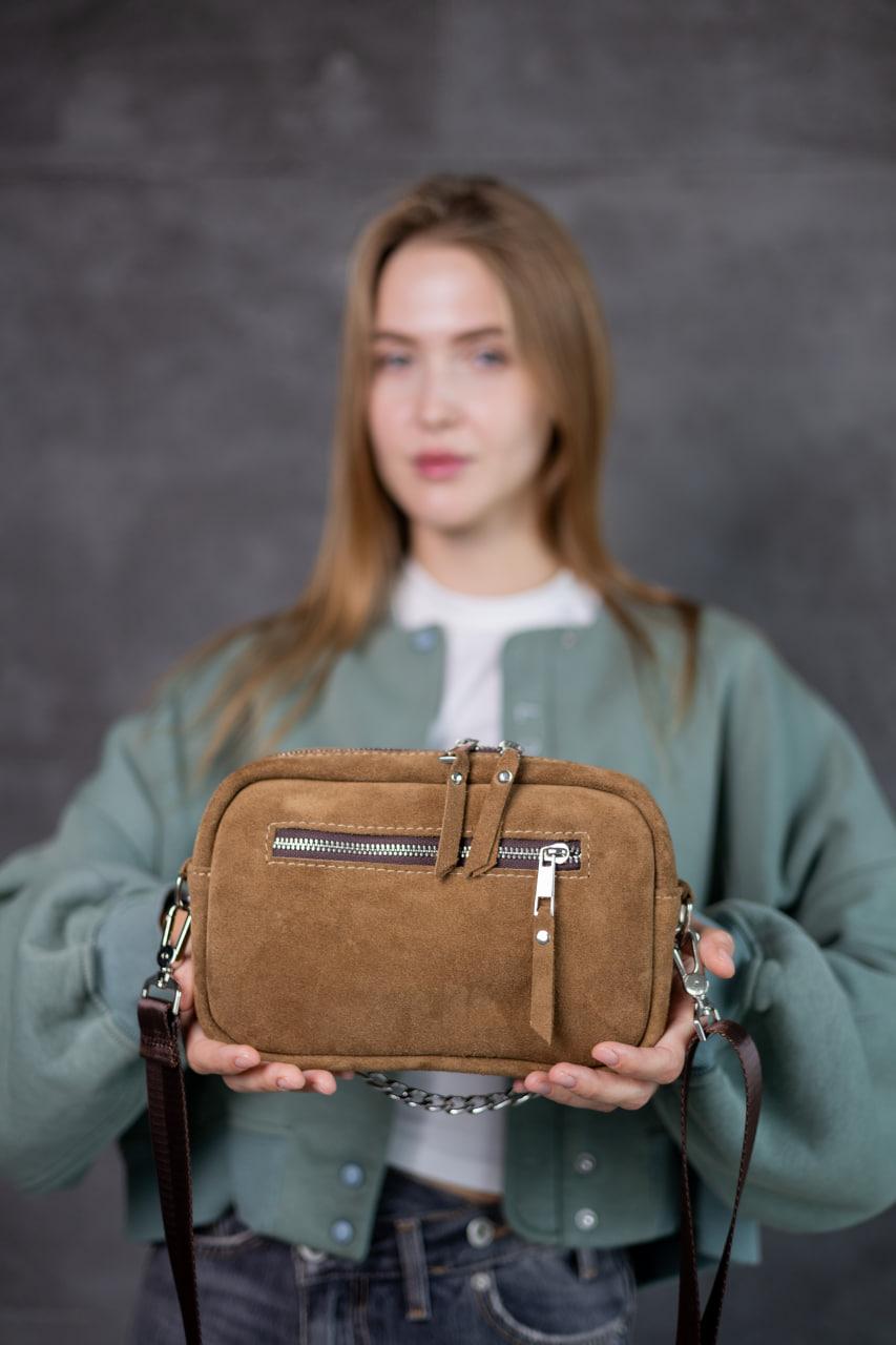 Handmade Womens Suede Crossbody Bag Cappuccino Gift for Her