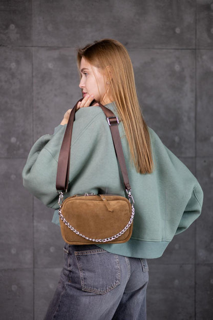 Handmade Womens Suede Crossbody Bag Cappuccino Gift for Her