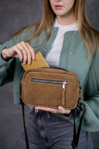 Handmade Womens Suede Crossbody Bag Cappuccino Gift for Her