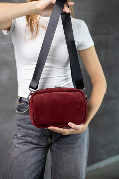 Womens Handmade Suede Crossbody Bag Burgundy Gift for Her