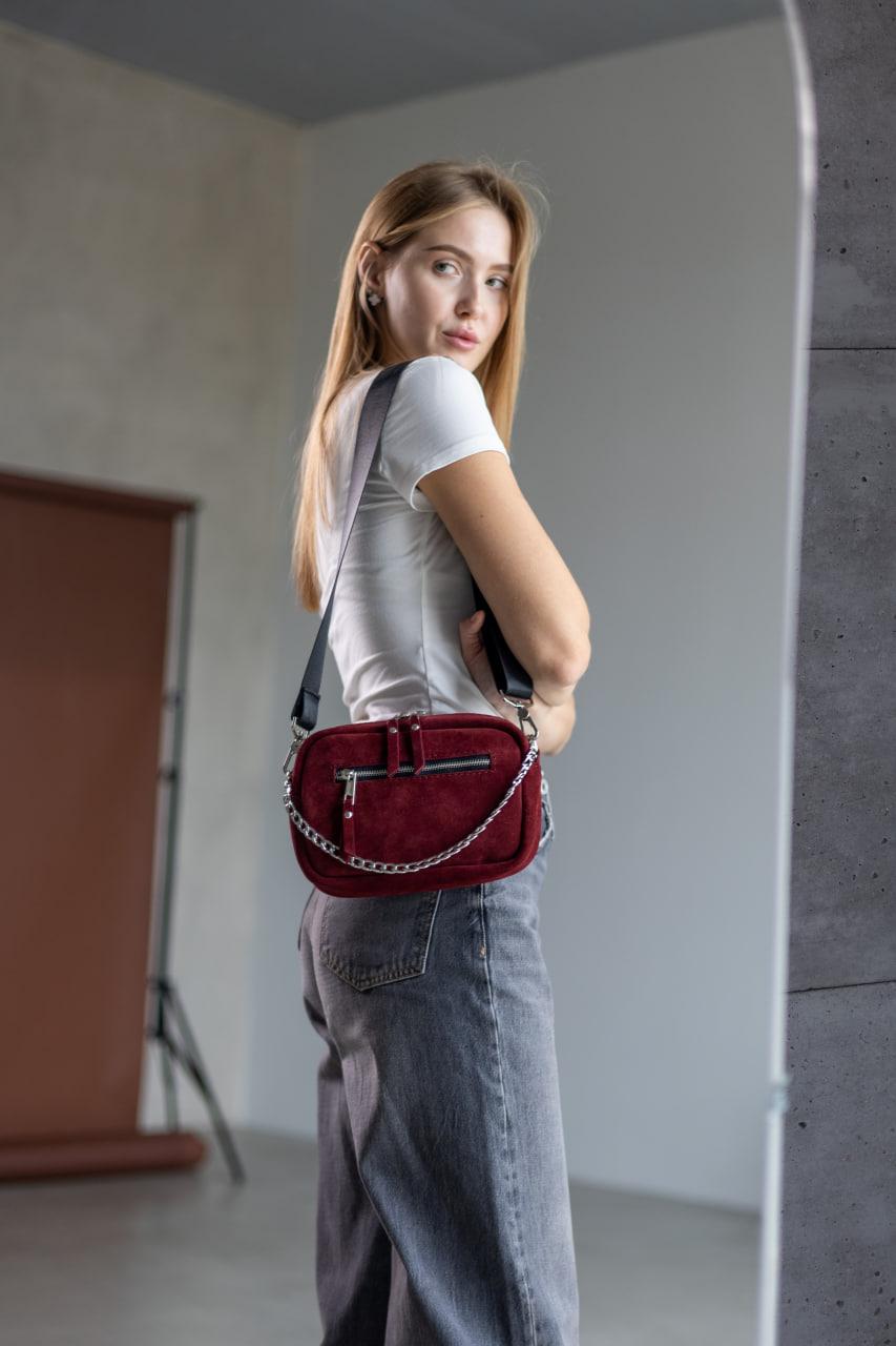 Womens Handmade Suede Crossbody Bag Burgundy Gift for Her