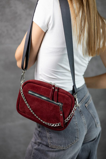 Womens Handmade Suede Crossbody Bag Burgundy Gift for Her
