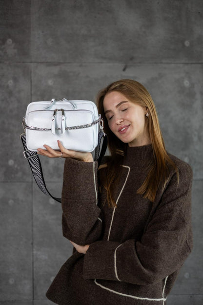 Handmade Womens White Flotar Leather Cross Body Bag Gift for Her