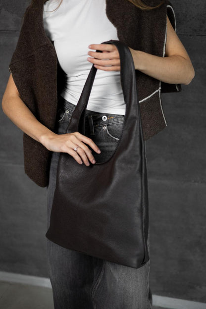 Womens Genuine Flotar Leather Shopper Tote Chocolate Handmade Gift for Her