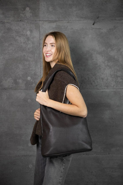 Womens Genuine Flotar Leather Shopper Tote Chocolate Handmade Gift for Her
