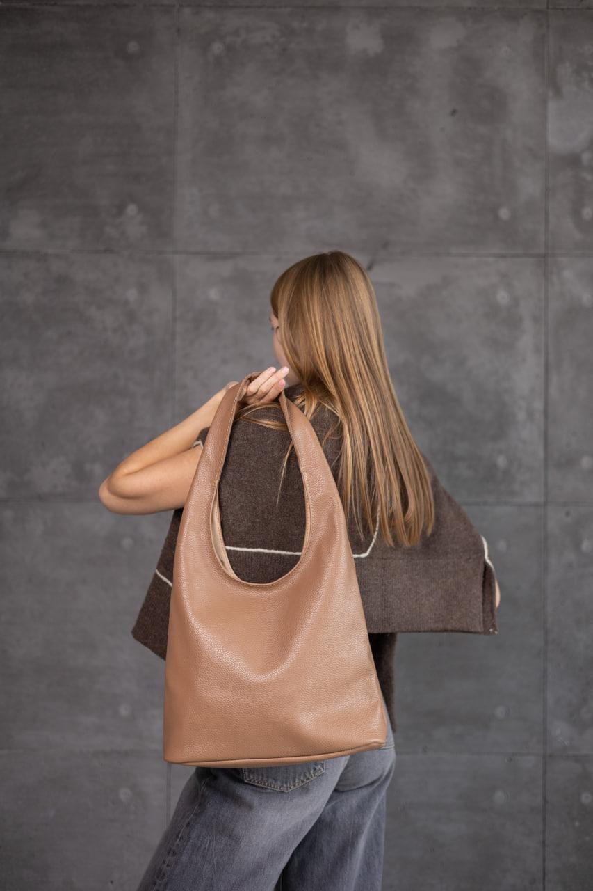 Handmade Womens Leather Shopper Bag Genuine Pebbled Leather Floater Cappuccino Gift for Her