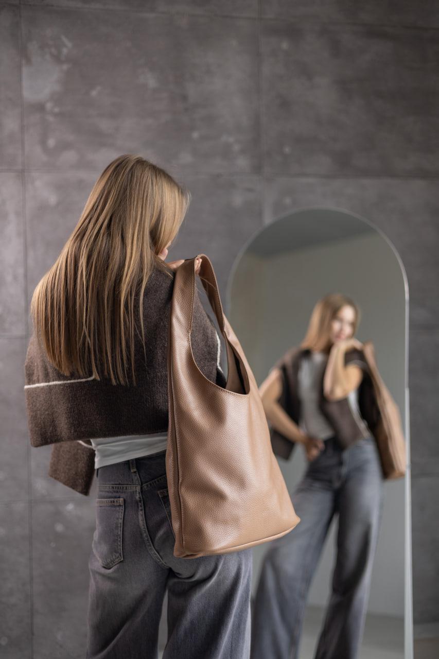 Handmade Womens Leather Shopper Bag Genuine Pebbled Leather Floater Cappuccino Gift for Her