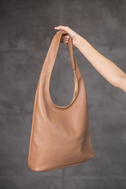 Handmade Womens Leather Shopper Bag Genuine Pebbled Leather Floater Cappuccino Gift for Her