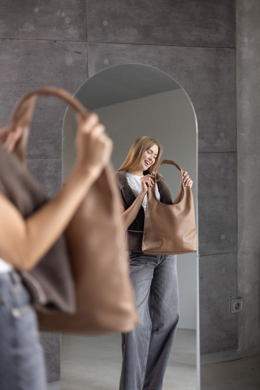 Handmade Womens Leather Shopper Bag Genuine Pebbled Leather Floater Cappuccino Gift for Her