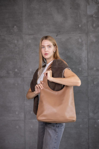 Handmade Womens Leather Shopper Bag Genuine Pebbled Leather Floater Cappuccino Gift for Her