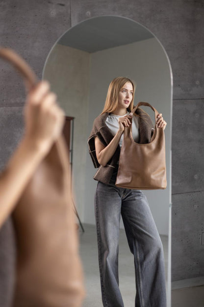Handmade Womens Leather Shopper Bag Genuine Pebbled Leather Floater Cappuccino Gift for Her
