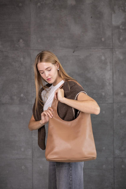 Handmade Womens Leather Shopper Bag Genuine Pebbled Leather Floater Cappuccino Gift for Her
