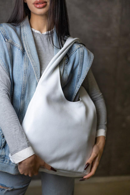 Womens Handmade Genuine Leather Shopper Bag White Flotar Gift for Her