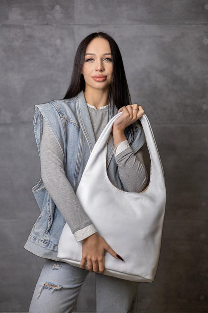 Womens Handmade Genuine Leather Shopper Bag White Flotar Gift for Her