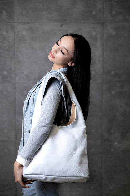 Womens Handmade Genuine Leather Shopper Bag White Flotar Gift for Her