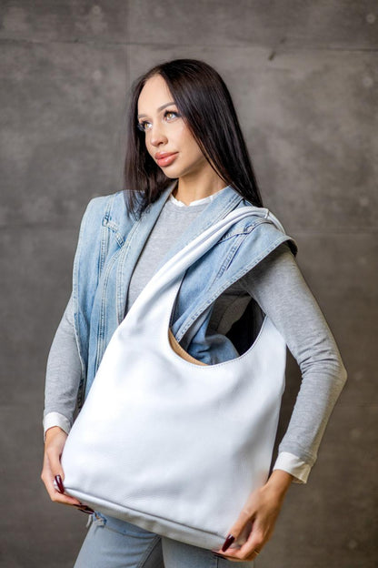 Womens Handmade Genuine Leather Shopper Bag White Flotar Gift for Her