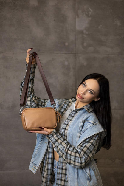 Handmade Womens Genuine Leather Flotar Crossbody Bag Cappuccino Gift for Her