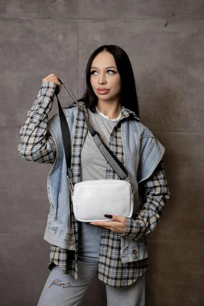 Handmade White Flotar Leather Crossbody Bag Gift for Her Womens Small Genuine Leather Shoulder Bag