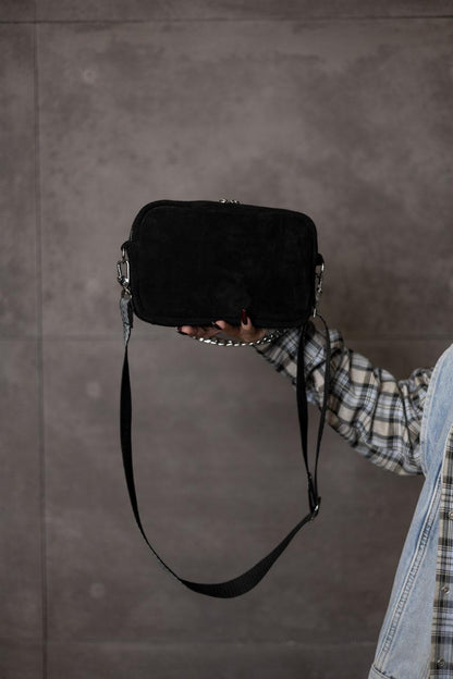 Womens Handmade Black Suede Crossbody Bag Gift For Her